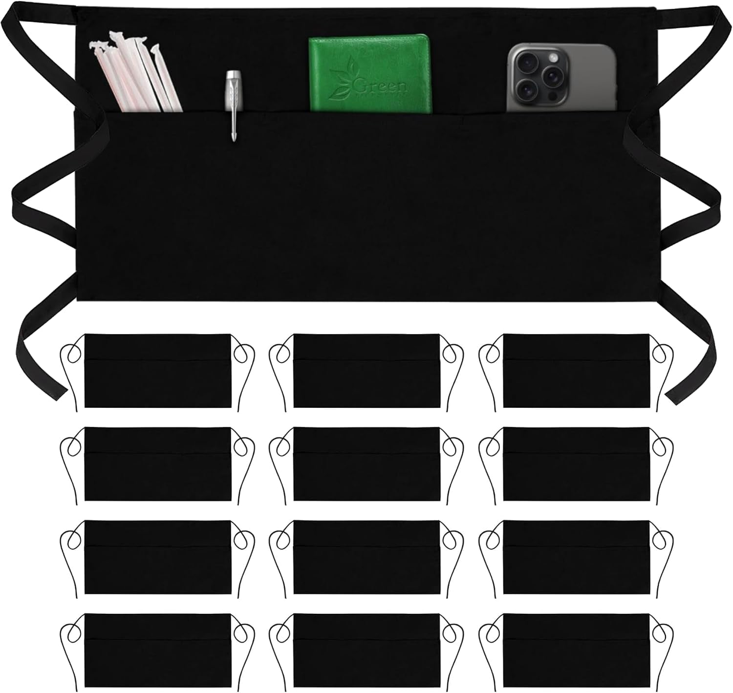 server-aprons-with-3-pockets-waist-apron-waitress-apron-for-women-and-man-water-resistant-with-long-waist-strap-reinforced-seams-half-apron-12-pack-black