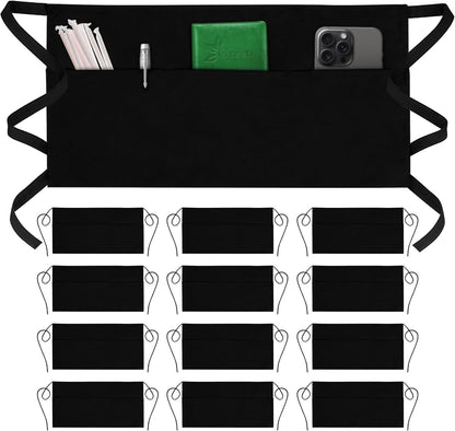 Server Aprons with 3 Pockets - Waist Apron, Waitress Apron for Women and Man, Water Resistant with Long Waist Strap Reinforced Seams, Half Apron (12 Pack - Black)9