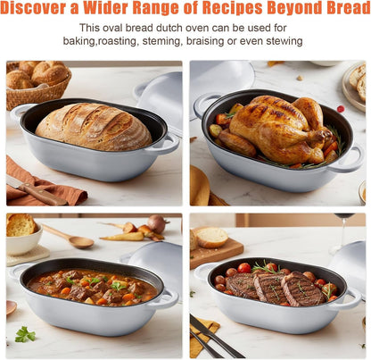 2.5 QT Enameled Cast Iron Sourdough Bread Oven, Loaf Pan with Lid | Oval Dutch Oven for Homemade Sourdough Bread Baking, Oven Safe up to 500°F, Meatloaf Pan with Dome Lid, Light Gray8