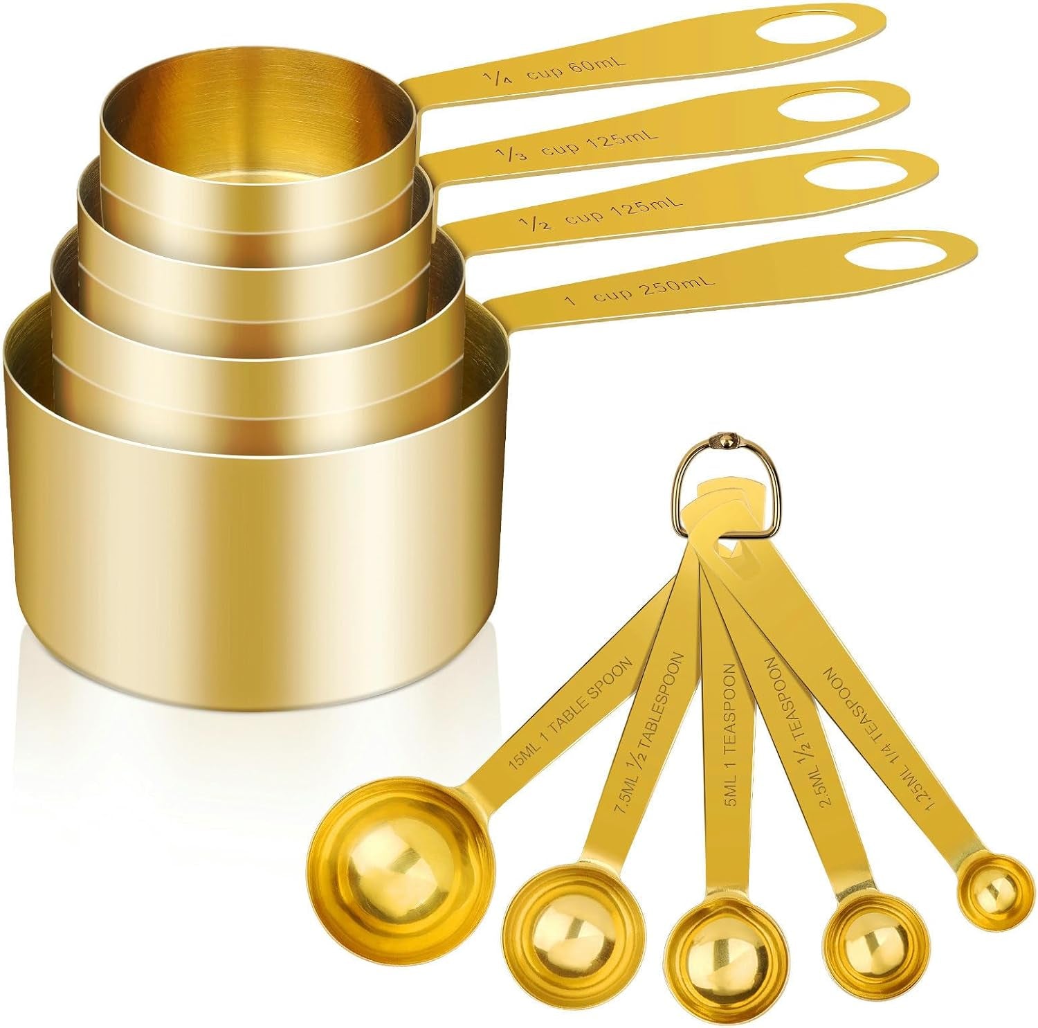 9pcs-304-stainless-steel-measuring-cups-spoons-stackable-long-handle-fits-narrow-jars-golden-finish-metric-us-measures-for-dry-liquid-ingredients-rust-proof-for-baking-cooking