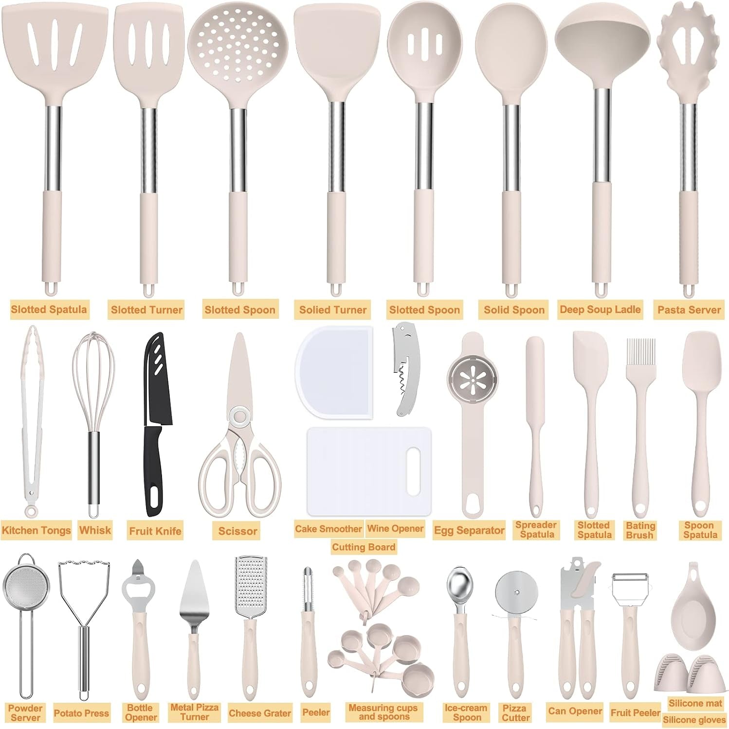 silicone-cooking-utensil-set-43-pcs-heat-resistant-kitchen-utensil-gadgets-set-stainless-steel-handle-kitchen-spatula-tools-for-nonstick-cookware-pots-and-pans-accessories-khaki