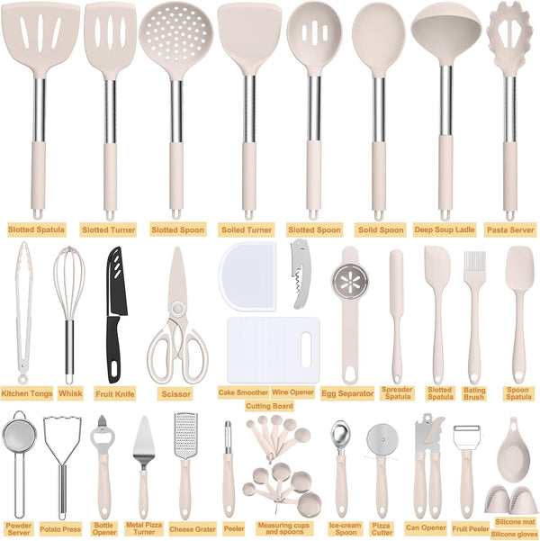 Silicone Cooking Utensil Set,  43 PCS Heat Resistant Kitchen Utensil Gadgets Set-Stainless Steel Handle- Kitchen Spatula Tools for Nonstick Cookware, Pots and Pans Accessories (Khaki)2