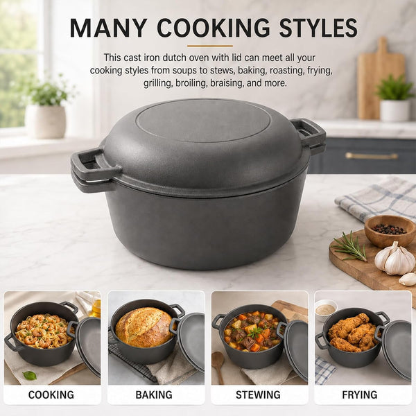 Cast Iron 5 Quart Double Dutch Oven-2-In-1 Pre-Seasoned Pot & Skillet Combo | Pre-Seasoned, No Chemical Coatings. 5Qt Cast Iron Pot + Skillet Lid. Even Heat, Great for Bread Baking. Indoor/Outdoor Use.3