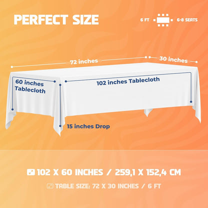 WEALUXE White Table Cloths for 6 Foot Rectangle Tables, 2-Pack, 60X102 Inches, Water, Stain and Wrinkle Resistant, 200 GSM Washable Poly Fabric Tablecloths Rectangular, Elegant and Durable2