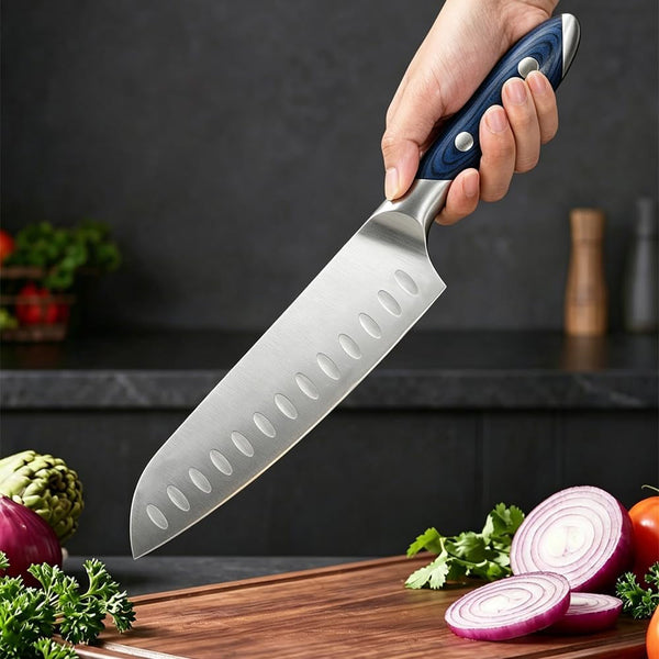 7 Inch Stainless Steel Kitchen Santoku Knife, Blue Pakkawood Handle5