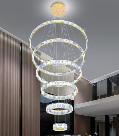 Large Ring Chandelier Modern Crystal Chandeliers for High Ceiling round LED Dimmable Ceiling Light Fixture for Foyer Long Stair Gold 8''+16''+24''+32''+40''+47''8