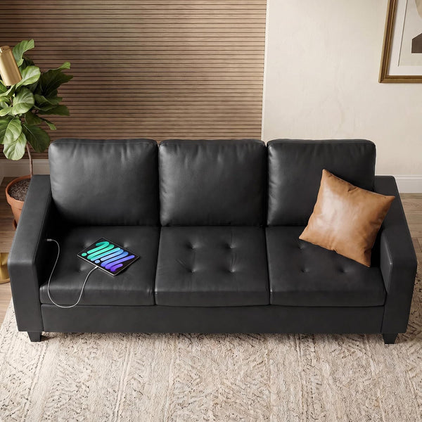 73” Black Faux Leather Sofa, 3 Seater Couch for Office, Living Room9