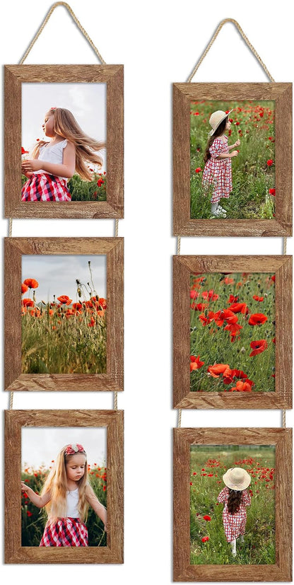 5X7 Collage Picture Frames Set of 2, Rustic Wooden Real Glass Vertical Hanging 3 Opening 5 by 7 Photo Frame, Rustic Brown1