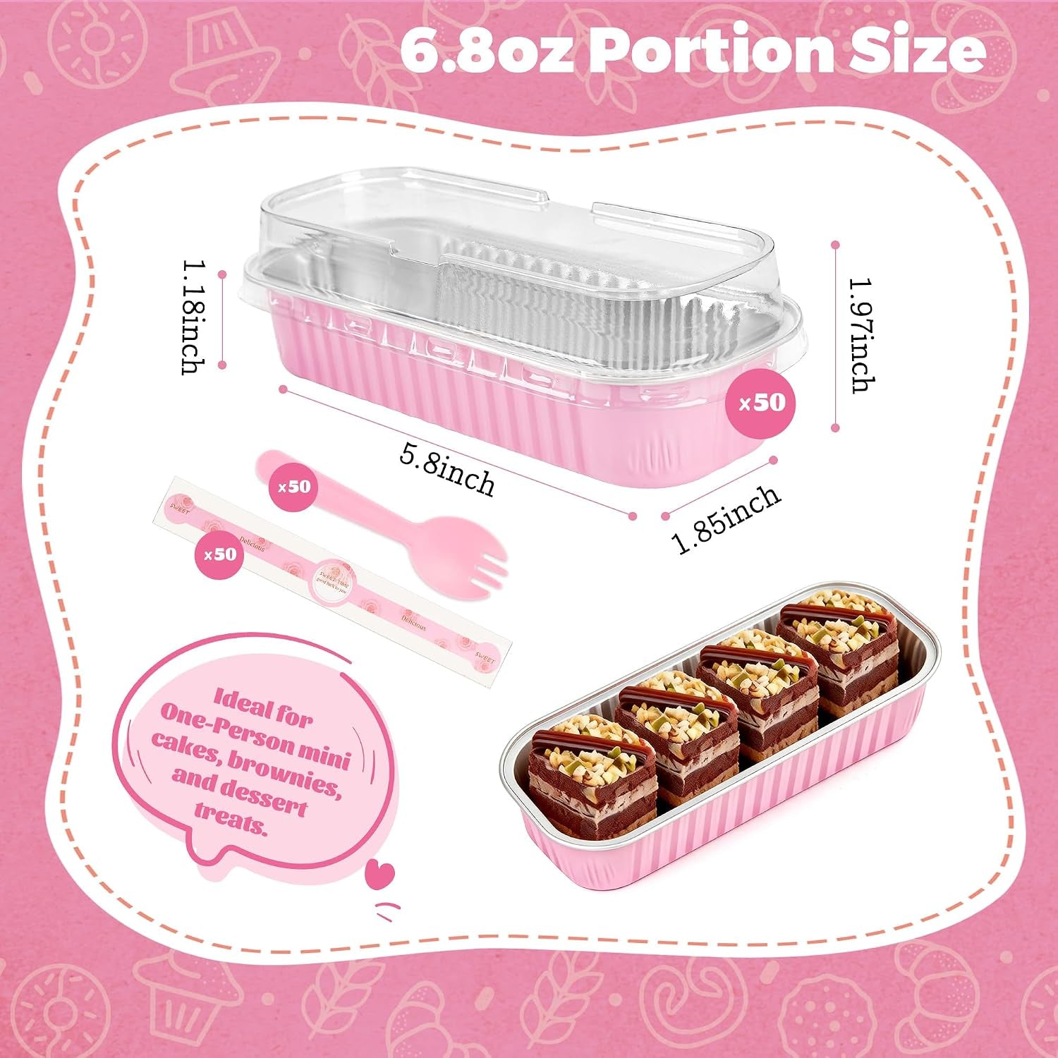 mini-loaf-pans-with-lids-50-pack-pink-6-8oz-for-party-favors-fits-tartlets-pudding-desserts-loaf-slices-and-sweet-samples-single-base-workflow-helps-limit-dish-handling