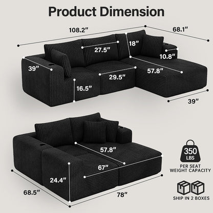 Modular Sectional Sofa, L-Shaped Boneless Cloud Couch Corduroy, No Assembly2