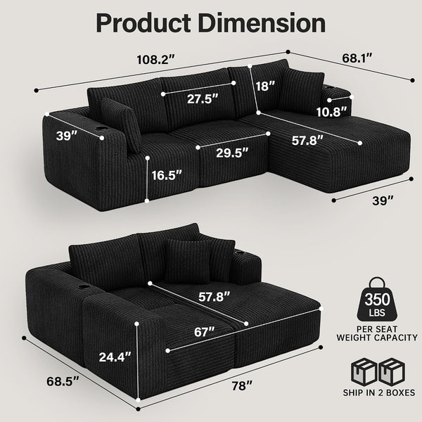 Modular Sectional Sofa, L-Shaped Boneless Cloud Couch Corduroy, No Assembly2