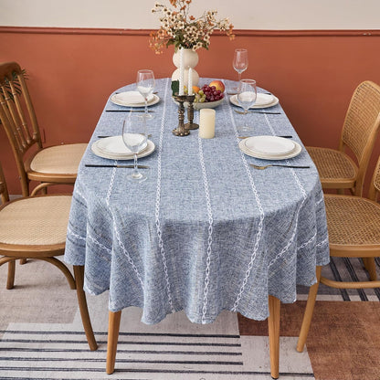 Blue Farmhouse Striped Oval Tablecloth, 55×70 Inch Linen Style Table Cloth2