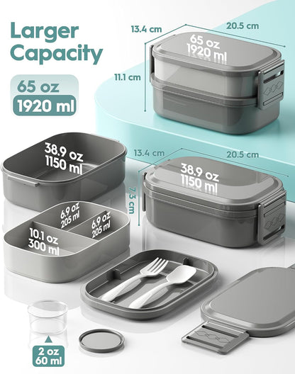Bento Box Adult Lunch Box, 65 Oz Capacity Lunch Containers(Adjustable 2/3 Tier), Bpa-Free, Leak-Proof and Stackable Bento Lunch Box, Microwave & Dishwasher Safe with Utensils(Gray)3