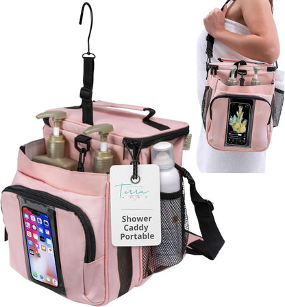 XL Portable Shower Caddy Bag for Girls with Extra Storage, Durable Mesh Bottom, Shoulder Strap, Keychain Holder Shower Caddy Case for College Dorms - Travel Vacation Essentials (Blush Pink)1