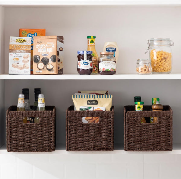 Dark Brown Wicker Baskets for Shelves, Hand-Woven Storage Baskets3