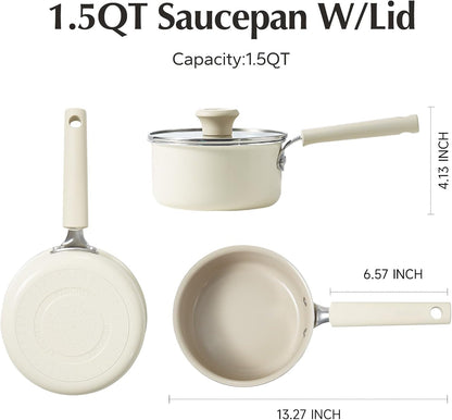 Ceramic Nonstick Saucepan with Lid, 1.5QT Small Cooking Pot, Non Toxic Sauce Pans for Kitchen, Cool Handle PFAS Free Compatible with All Cooktops, White7