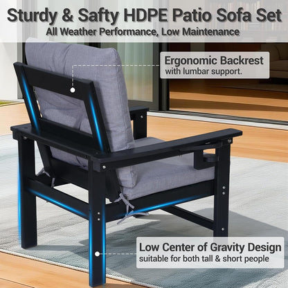 7-Piece HDPE Patio Conversation Set W/ 4 Cup Holders, All-Weather Outdoor Sectional Furniture, Thick Washable Cushions, Coffee Table & Side Table for Backyard Porch Poolside, Black5