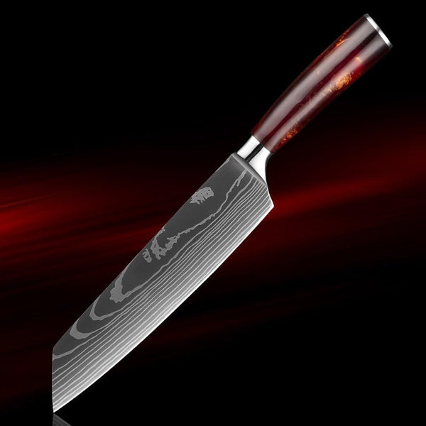 Meat Cleaver Knife, 8 Inch Kiritsuke Chef Knife Japanese Kitchen Knives for Slicing Meats Vegetables Ergonomic Resin Handle Damascus Laser Pattern Blade (Color : Red Resin), 54751