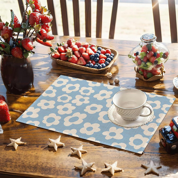 Vintage Groovy Flowers Placemats Set of 6, 12X18 Inch Waterproof Stain Resistant Linen Table Placemats Summer Seasonal Farmhouse Kitchen Party Decor Home Decor6
