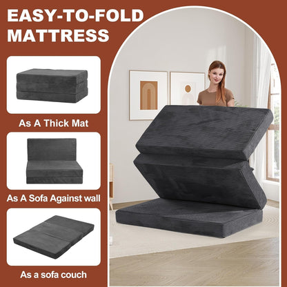 6-Inch Tri-Fold Foldable Mattress, Folding Sofa Bed with Removable Washable Cover, Portable Futon Mattress Full Size Floor Guest Mat with Non-Slip Bottom & Carry Handles for Camping (Grey, Queen)6