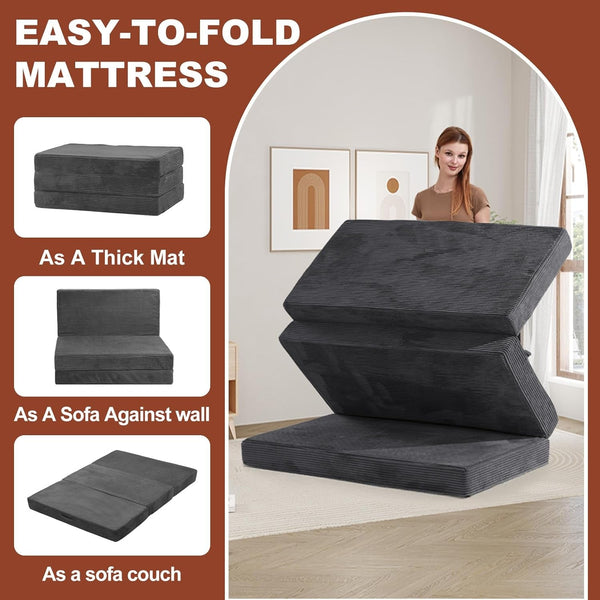6-Inch Tri-Fold Foldable Mattress, Folding Sofa Bed with Removable Washable Cover, Portable Futon Mattress Full Size Floor Guest Mat with Non-Slip Bottom & Carry Handles for Camping (Grey, Queen)6
