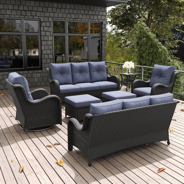 7 Pieces Outdoor Patio Furniture Set, Rattan Wicker Sectional Swivel Rocker Chairs Sets with Ottomans, Swivel Glider Chairs and Coffee Table7