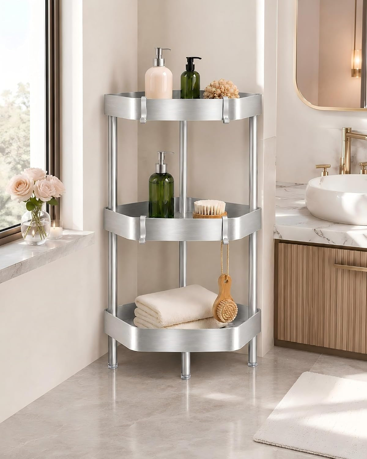 3-tier-freestanding-aluminum-corner-shower-caddy-with-4-aluminum-hooks