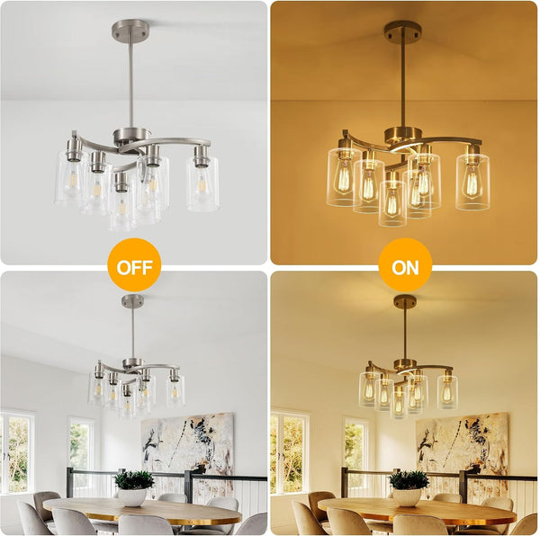 6-Light Brushed Nickel Chandeliers for Dining Room Light Fixtures over Table, Adjustable Height Hanging Industrial Pendant Lighting for Kitchen Island Bedroom, Clear Glass Shade5