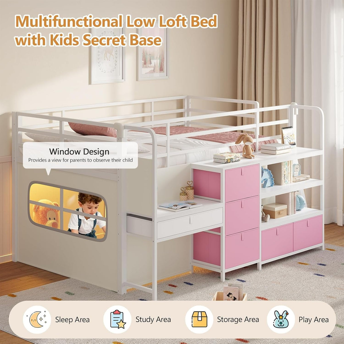 low-loft-bed-with-desk-and-6-storage-drawers-twin-loft-bed-with-bookshelf-led-lights-under-bed-play-space-kids-twin-beds-with-13-8h-safety-guardrail-inclined-ladder-play-curtain-pink-white