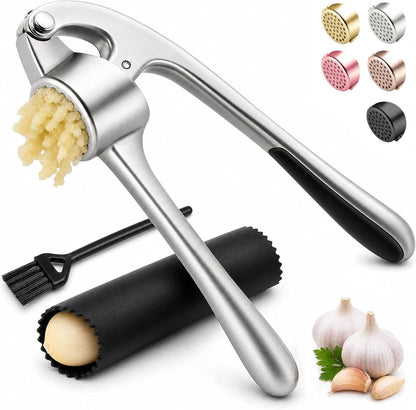 Kitchen Garlic Press, Rust Proof & Dishwasher Safe Garlic Mincer, Durable Garlic Crusher Set with Peeler＆Brush, Easy to Clean and Squeeze, Matte1