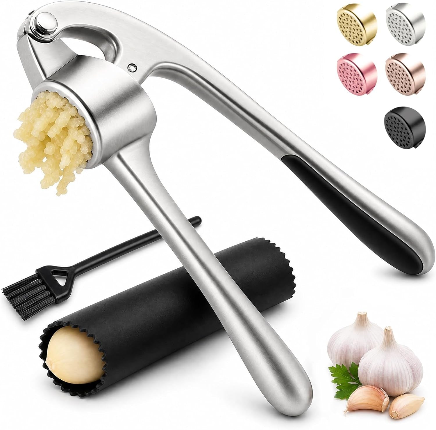 kitchen-garlic-press-rust-proof-dishwasher-safe-garlic-mincer-durable-garlic-crusher-set-with-peeler-brush-easy-to-clean-and-squeeze-matte