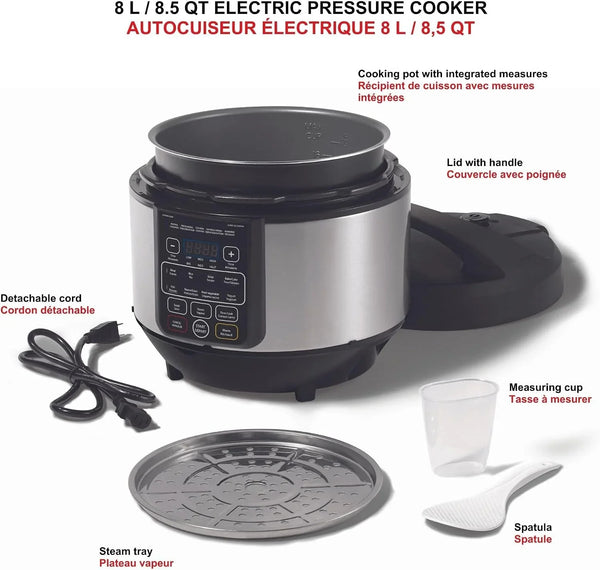 8L Electric Pressure Cooker, 11 Preset Functions, Black | Family-Size Capacity. 11 Preset Functions. Fast Cooking. Sauté, Steam & Slow Cook. Built-In Safety Features.6