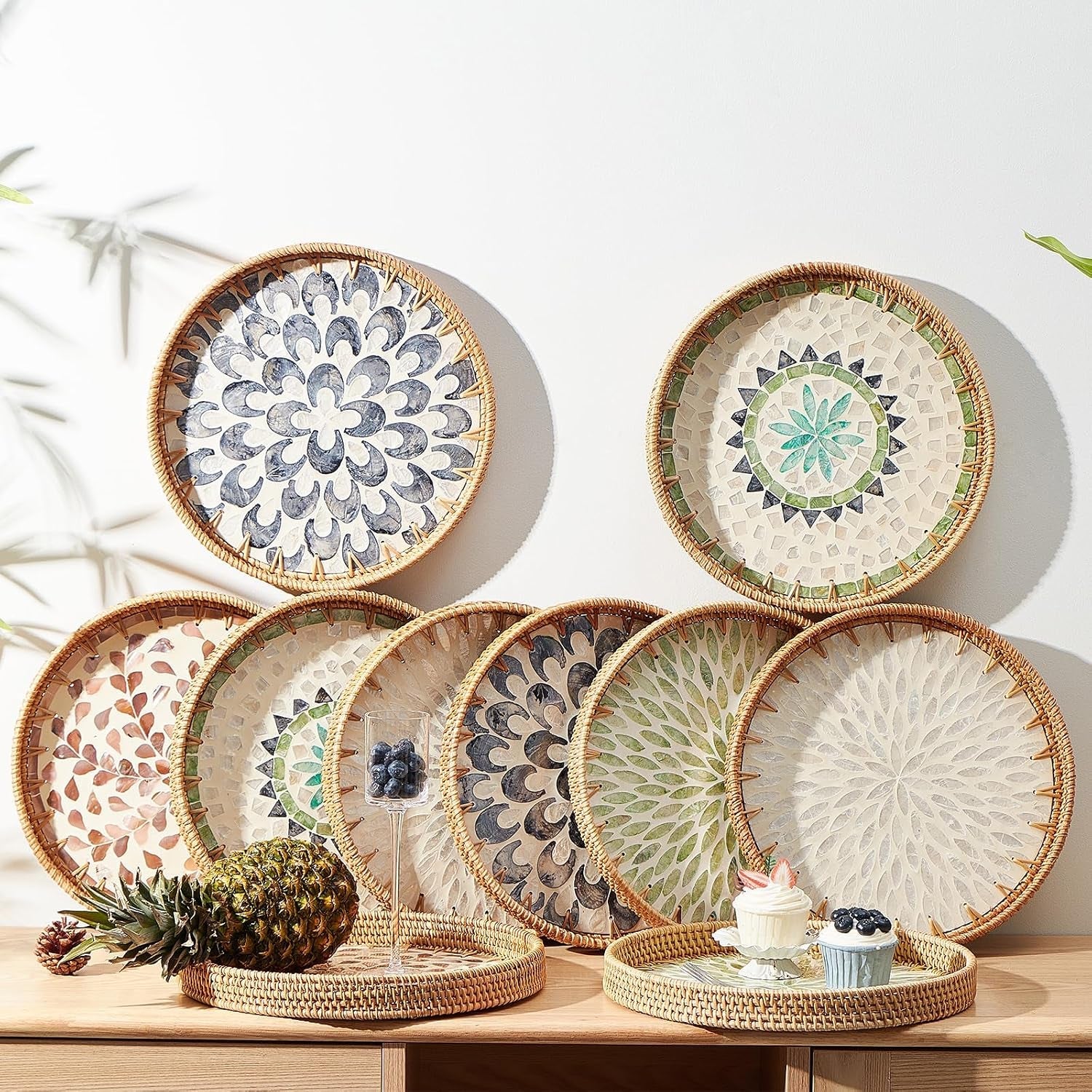 round-rattan-tray-with-mother-of-pearl-inlay-rattan-serving-tray-with-wooden-base-decorative-wicker-basket-for-table-decor-storage-and-display-of-coffee-bread-food-fruit-leaf-2