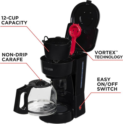 BLACK+DECKER 12-Cup Coffee Maker with Easy On/Off Switch, Easy Pour, Non-Drip Carafe with Removable Filter Basket, Vortex Technology, Black3