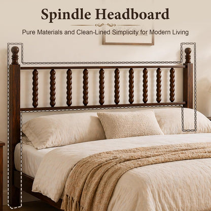 Walnut Vintage Wood Bed Frame Queen Size with Spindle Headboard3