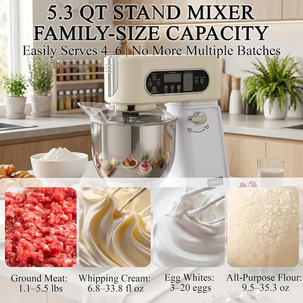 5.3 Qt Tilt-Head Stand Mixer, 9-Speed Electric Food Mixer | 9-Speed Control, Stainless Steel Bowl, Dough Hook Whisk Flat Beater, Splash Guard, Easy Clean, for Home Baking, Almond Cream4