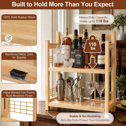 No-Assembly Coffee Bar Organizer, 2-Tier Coffee Station Shelf | Foldable Oak Wood Shelf, Coffee Station Accessories Storage for Syrup & Pod, 3 Hooks for Mugs, Kitchen Condiment Rack Natural4