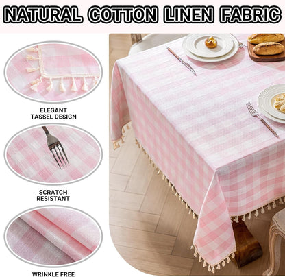 Checkered Tablecloth Rectangle Cotton Linen Gingham Table Cloth with Tassel Washable Wrinkle Free Heavy Duty Buffalo Plaid Table Cover for Dining/Party/Picnic (Pink, 55" X 55" (Square))3