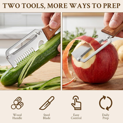2026 Upgrade Vegetable Peeler and Julienne Peeler Set, Stainless Steel Vegetable Peelers for Kitchen with Wood Handles and Bottle Opener, 2-Pcs Multifunctional Vegetable Peeler Set2