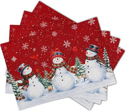 Christmas Snowman Placemats Set of 4, 12X18In Xmas Green Trees Red Birds Linen Place Mat, Winter Snowflakes Heat Resistant Washable Table Mats for Kitchen Dining Seasonal New Year Decor2