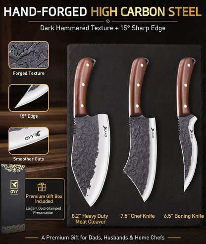 3PCS Hand Forged Butcher Knife Set, Meat Cleaver Chef Knife & Boning Knife6