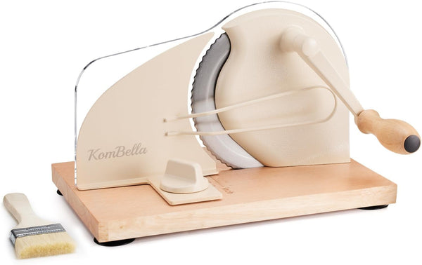 Sourdough Bread Slicer for Homemade Bread, Manual Hand Crank Bread Cutter with Adjustable Thickness for Even Slices, Slicing Guide & Protective Blade Shield, Wood Base with Suction Cups(Beige)1