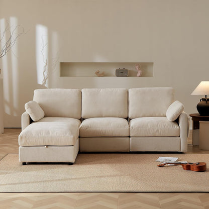 Modular Sectional Couch Chenille Fabric Upholstery Washable Sofa with Side Pocket No Tool Assembly Cloud Seating Comfort Couches for Livingroom Apartment - Beige 3 Seater with Ottoman 94"7