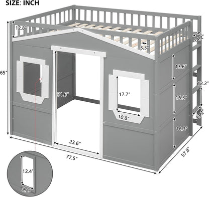 Full Size Wood Loft Bed, House Bed Frame with Ladder and Safety Guardrails for Kids, No Box Spring Needed, Gray+White2