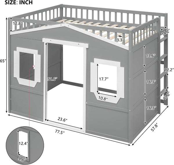 Full Size Wood Loft Bed, House Bed Frame with Ladder and Safety Guardrails for Kids, No Box Spring Needed, Gray+White2