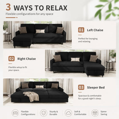 77 Inch Sectional Sleeper Sofa with Pull Out Bed, Modern L-Shaped Corduroy Convertible Couch with Storage Chaise, Reversible Sofa Bed for Small Spaces, Apartment, Black7