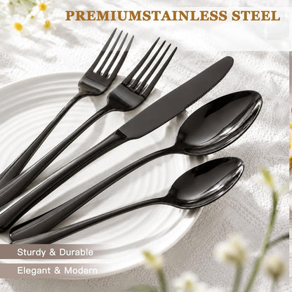 24-Piece Black Silverware Set with Steak Knives Flatware Set for 4 Food-Grade Stainless Steel Cutlery Set Mirror Polished Utensils Set Include Spoons and Forks for Home Kitchen Restaurant3