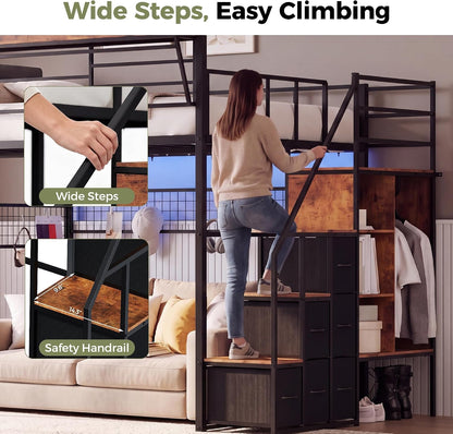 Full Loft Bed with Stairs, Storage, Headboard and LED Light (Black)6