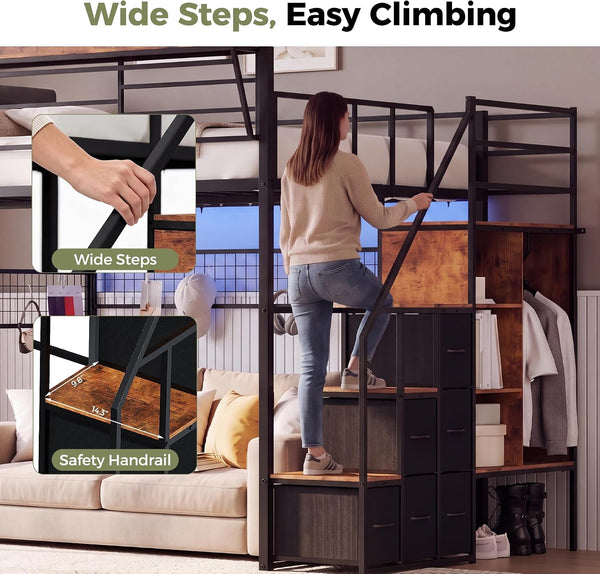 Full Loft Bed with Stairs, Storage, Headboard and LED Light (Black)6