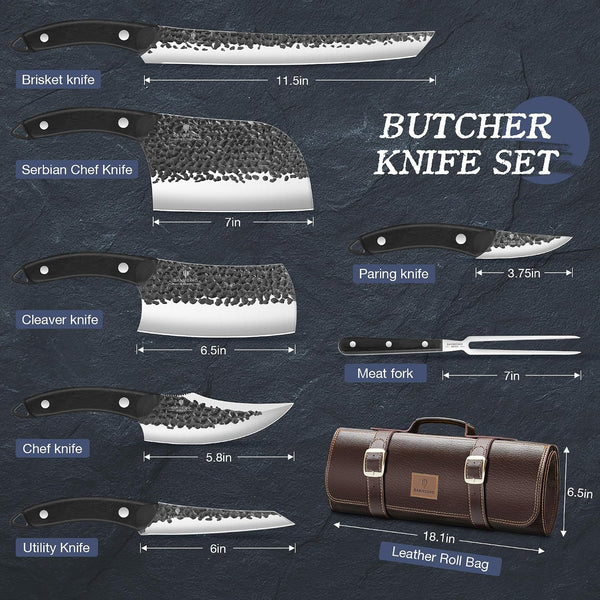 8 PCS Butcher Knife Set, Japanese Kitchen Chef Knife Set | Hand Forged Knife Set with Leather Roll Bag, Sharp Meat Cleaver Knife for Kitchen & Hunting & Camping & BBQ, Gifts for Men2